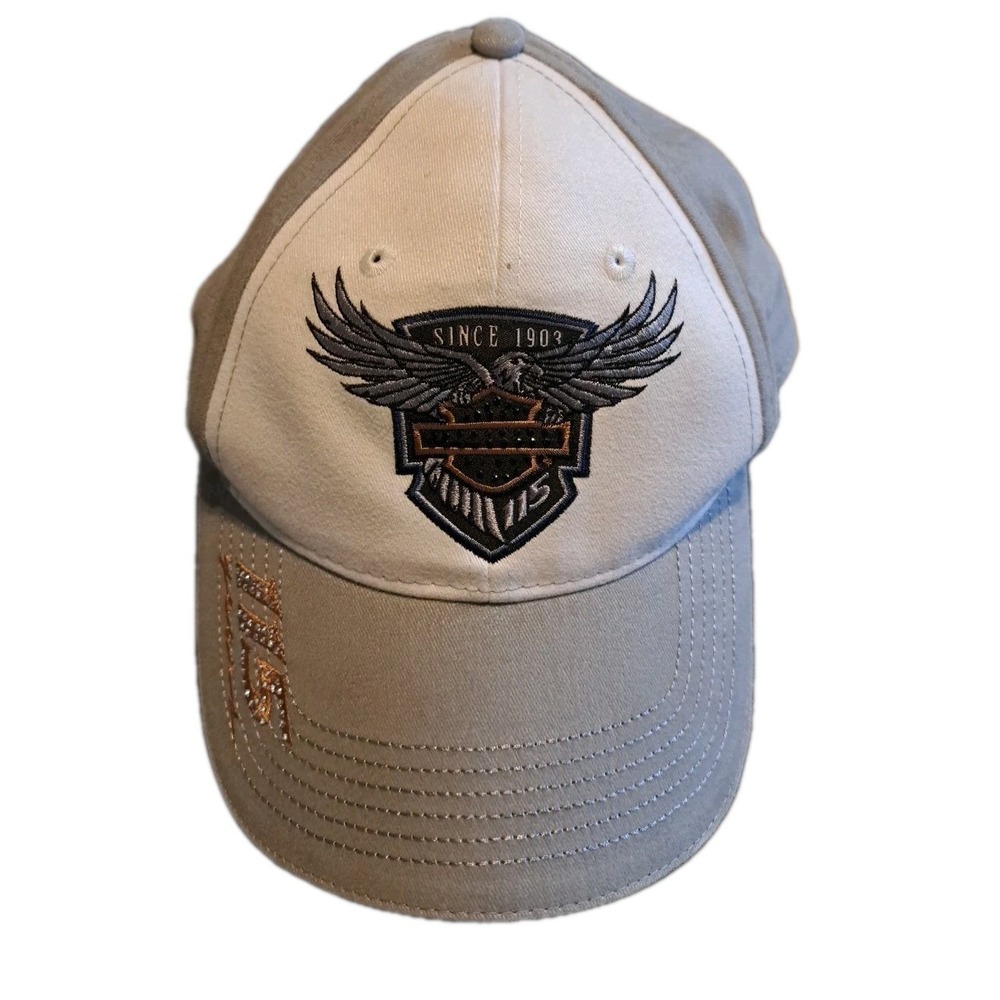 Wms Harley Davidson 115Yrs Grey/White Baseball Hat W/Rhinestones Buffalo NY